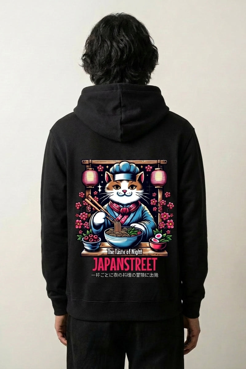 japanischer Katzen-Hoodie mit Koch-Katze und Ramen-Schale, Rückenansicht des oversize Streetwear-Hoodies