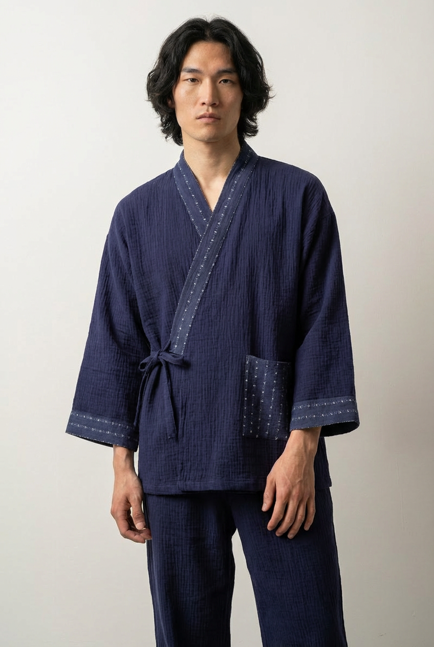 Japanischer Kimono-Pyjama 'Konjiki', marineblaue Baumwollgaze mit heller Musterpaspel, Jinbei-Set