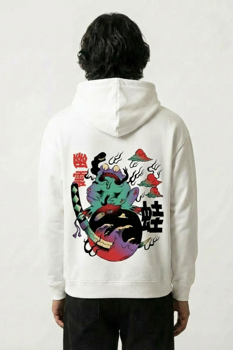 japanischer Retro-Hoodie mit Samurai-Frosch im Yokai-Stil, Rückenansicht des oversize Streetwear-Hoodies