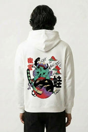 japanischer Retro-Hoodie mit Samurai-Frosch im Yokai-Stil, Rückenansicht des oversize Streetwear-Hoodies