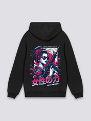 japanischer Streetwear-Hoodie in Schwarz, oversize Kapuzenpullover mit rebellische Figur