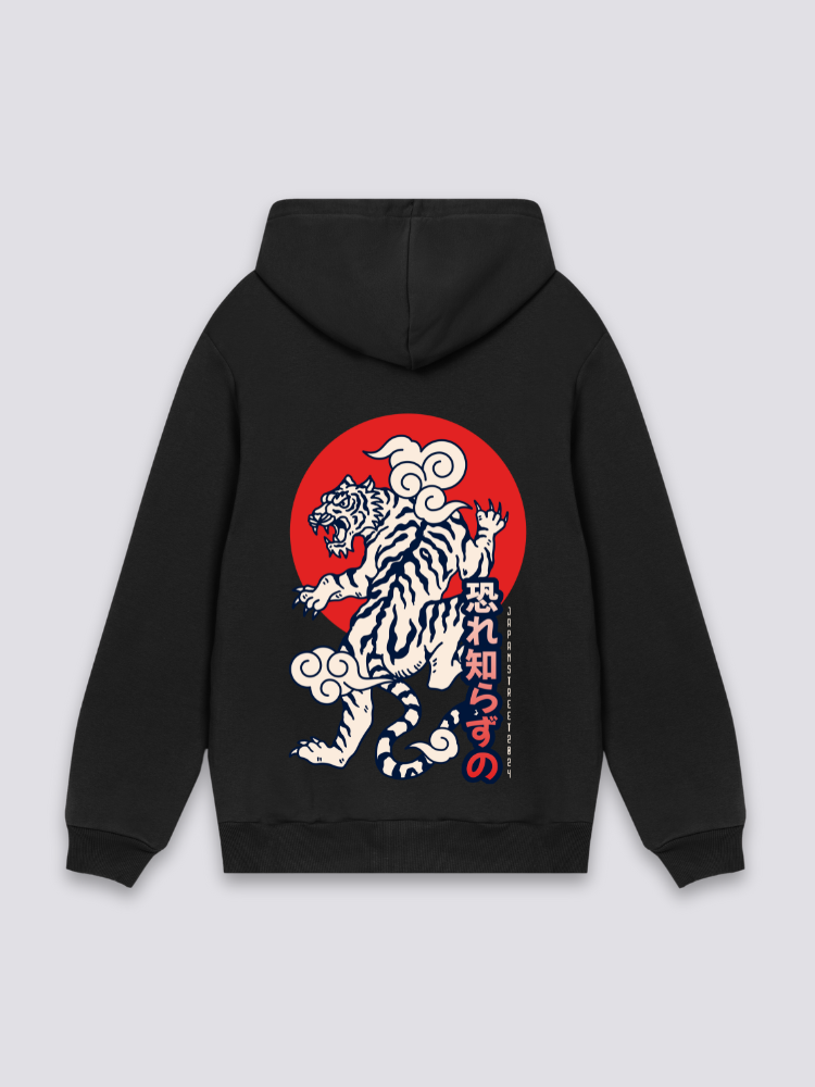 japanischer Tiger-Hoodie in Schwarz, oversize Kapuzenpullover mit weißer Tiger und rote Sonne