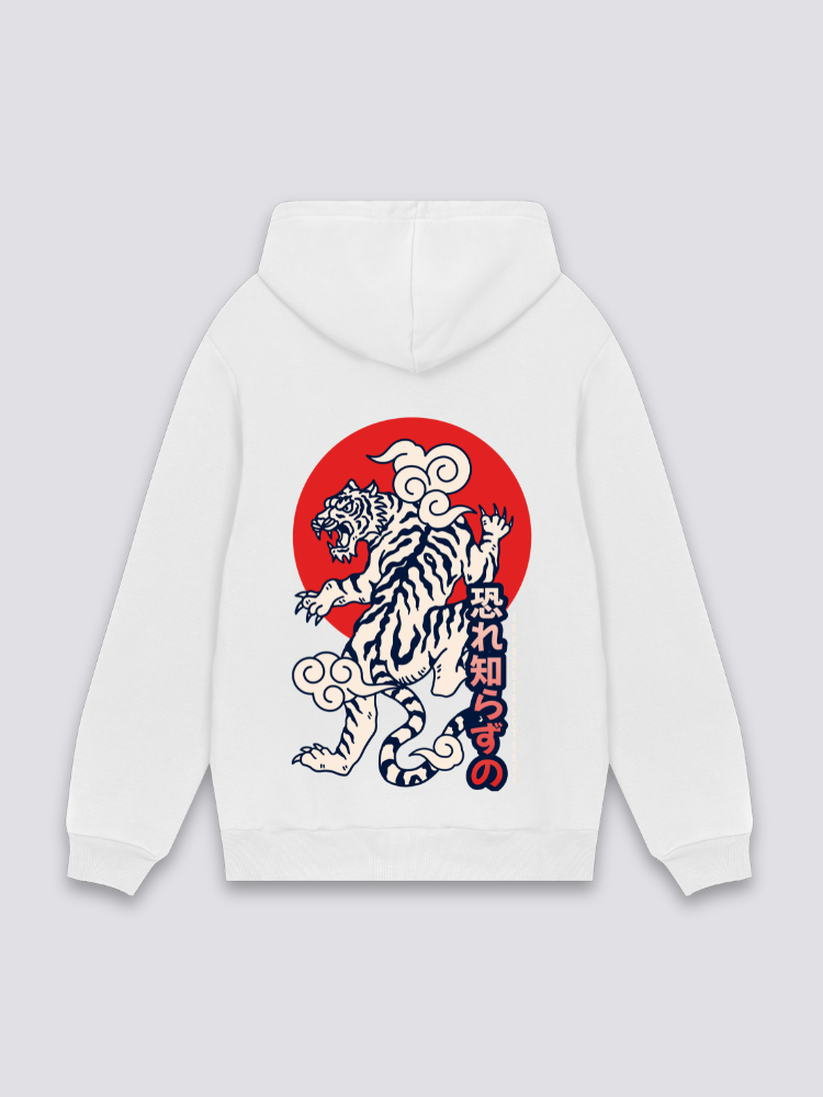 japanischer Tiger-Hoodie in Weiß, japanischer Streetwear-Hoodie mit weißer Tiger und rote Sonne