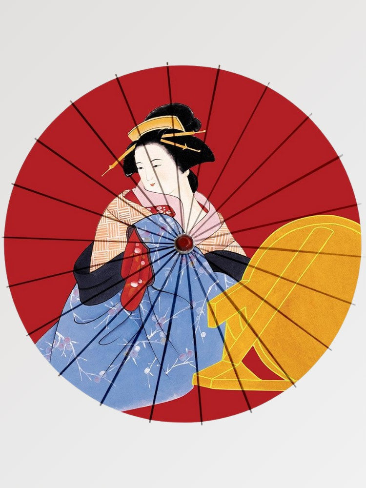 Japanischer Wagasa Okemi – japanischer Wagasa-Schirm, Wagasa mit Geisha im blauen Kimono auf rotem Grund, entfaltete Ansicht