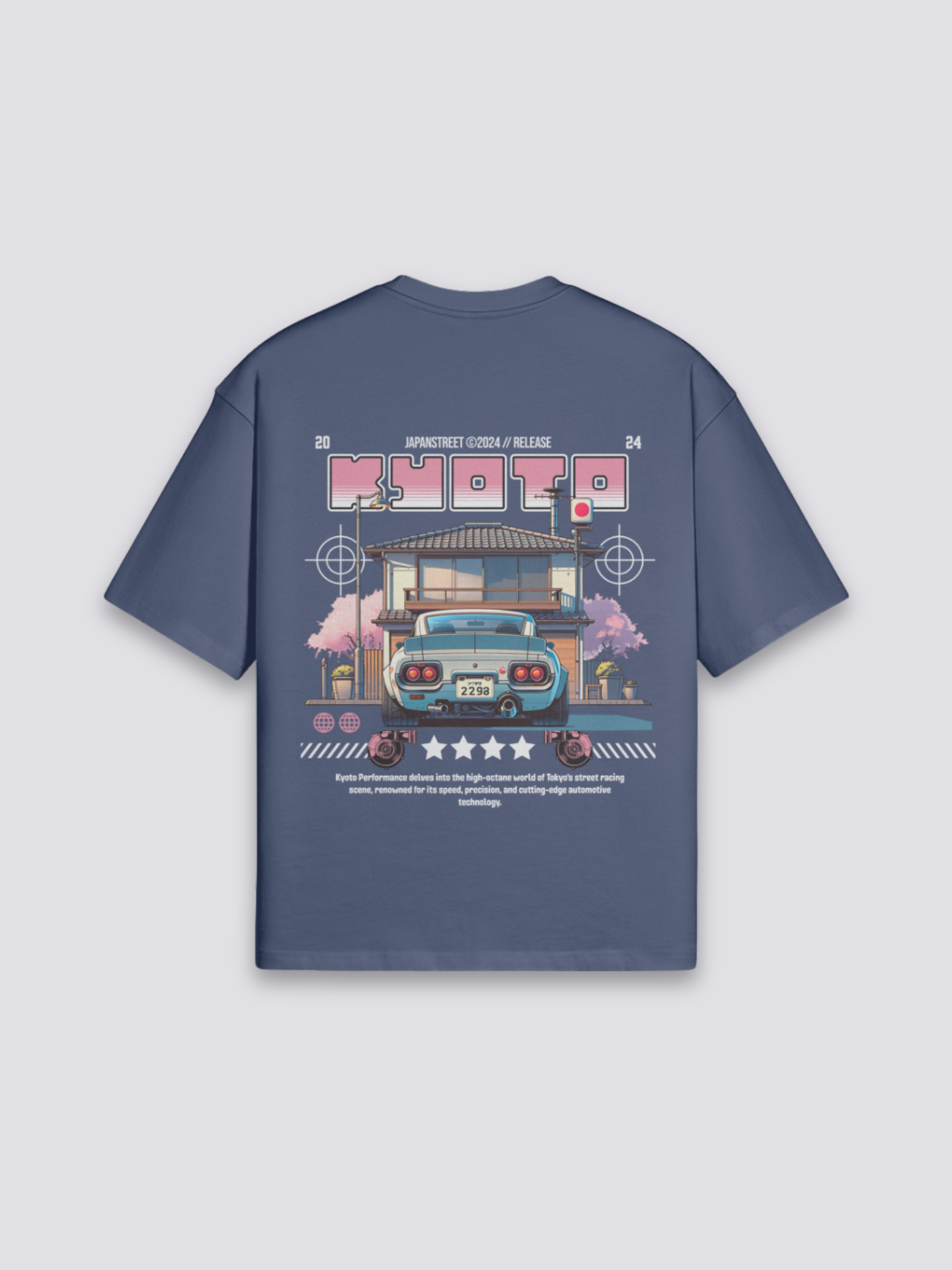 japanisches T-Shirt mit Kyoto-Straße und Kirschbäumen, nostalgischer Druck, oversize Baumwolle, Rückenansicht mit Rückendruck