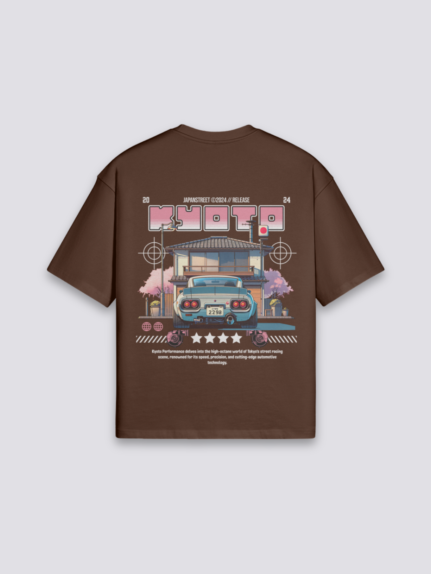 japanisches T-Shirt mit Kyoto-Straße und Kirschbäumen, nostalgischer Druck, oversize Baumwolle, seitliche Ansicht