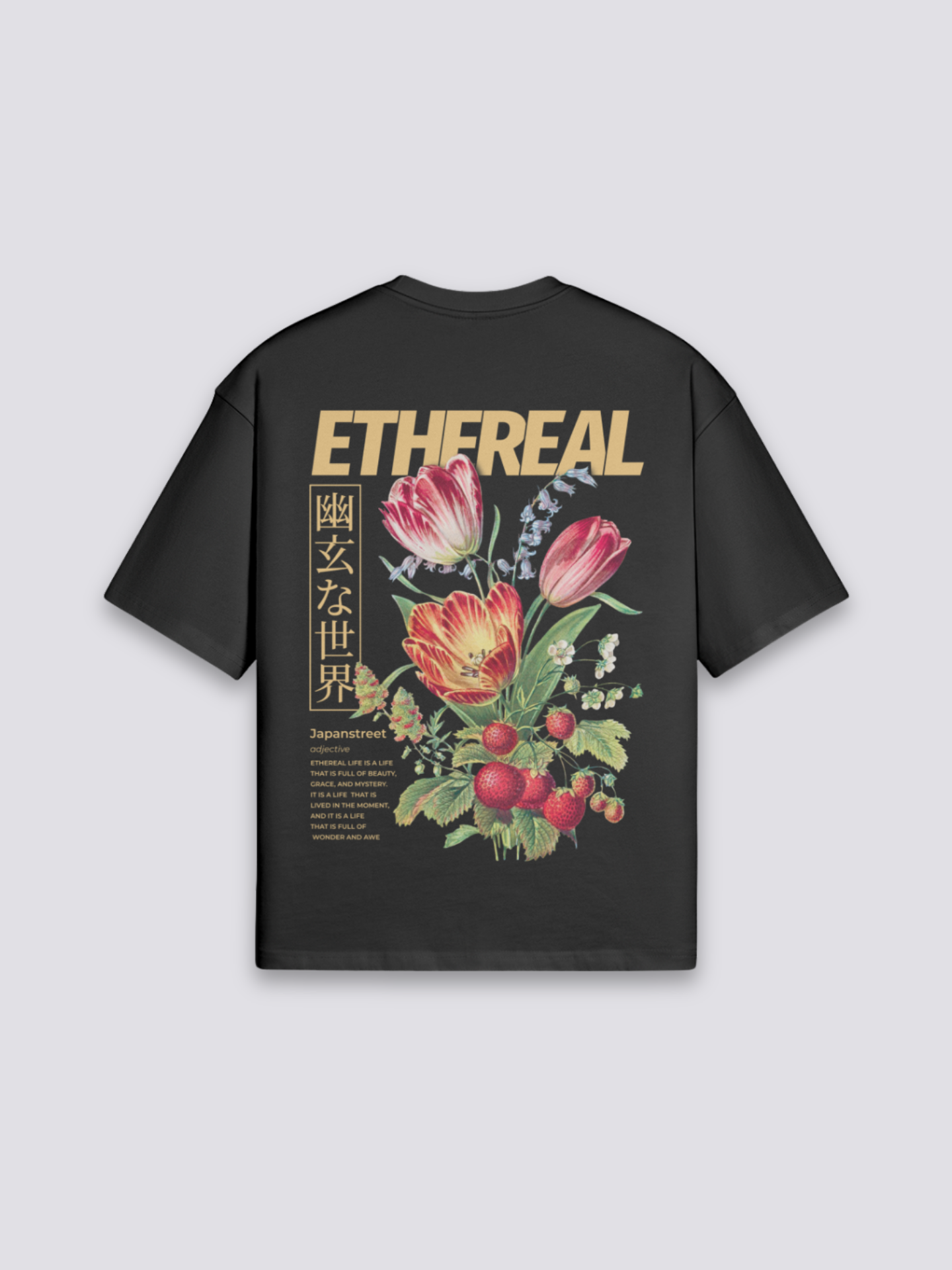 japanisches Blumen-T-Shirt mit ätherischem Blumenstrauß, floraler Holzschnitt-Druck, oversize, Rückenansicht mit Rückendruck