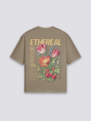 japanisches Blumen-T-Shirt mit ätherischem Blumenstrauß, floraler Holzschnitt-Druck, oversize, Detailansicht des Motivs
