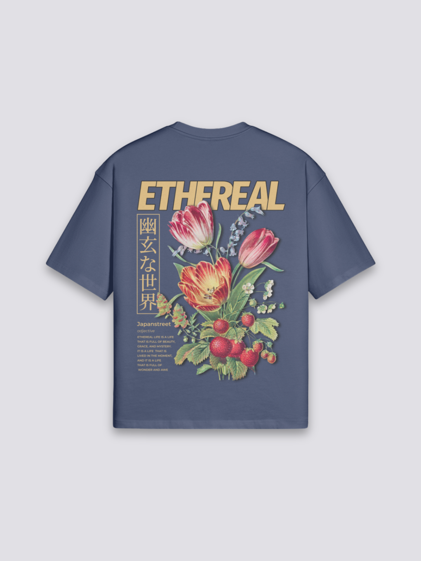 japanisches Blumen-T-Shirt mit ätherischem Blumenstrauß, floraler Holzschnitt-Druck, oversize, seitliche Ansicht