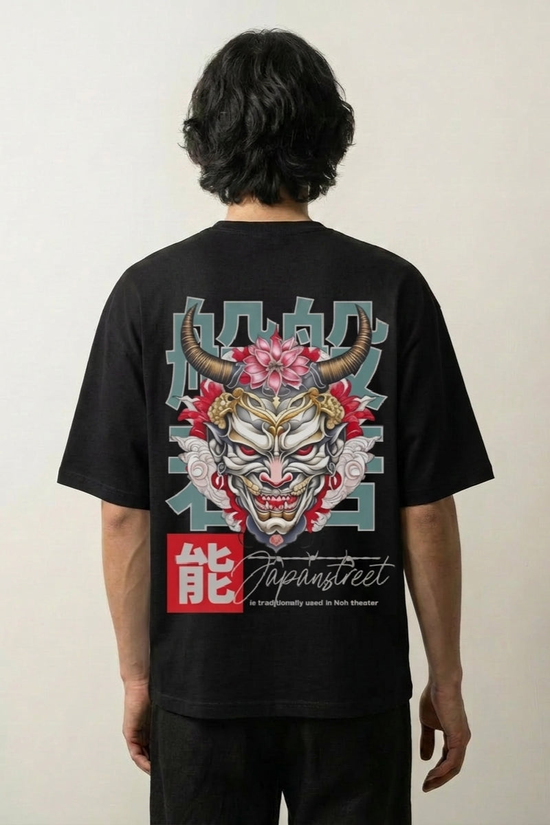 japanisches Design-T-Shirt mit Hannya-Maske, Nō-Theater-Druck, oversize Baumwolle Streetwear, Vorderansicht