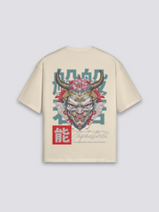 japanisches Design-T-Shirt mit Hannya-Maske, Nō-Theater-Druck, oversize Baumwolle Streetwear, Nahaufnahme des Drucks