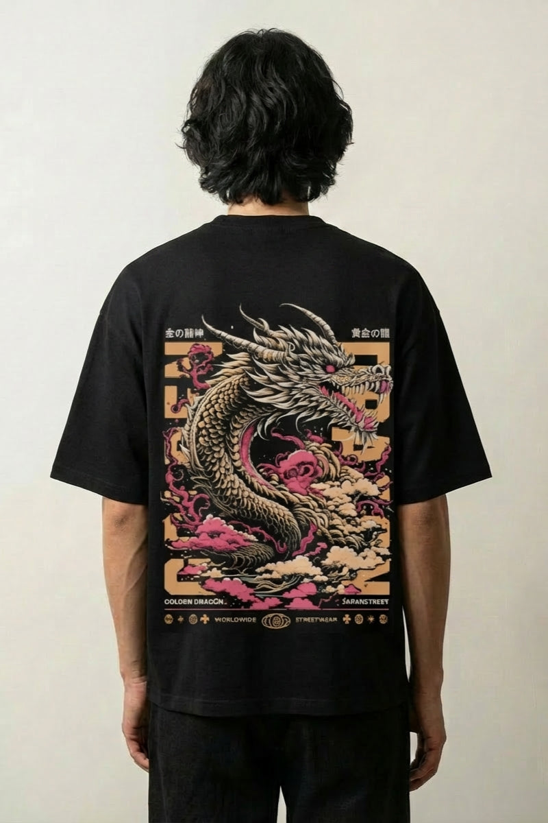 japanisches Drachen-T-Shirt mit goldenem Ryu, mythologischer Druck, oversize Baumwolle, Vorderansicht