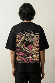 japanisches Drachen-T-Shirt mit goldenem Ryu, mythologischer Druck, oversize Baumwolle, Vorderansicht