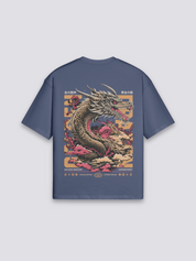 japanisches Drachen-T-Shirt mit goldenem Ryu, mythologischer Druck, oversize Baumwolle, seitliche Ansicht