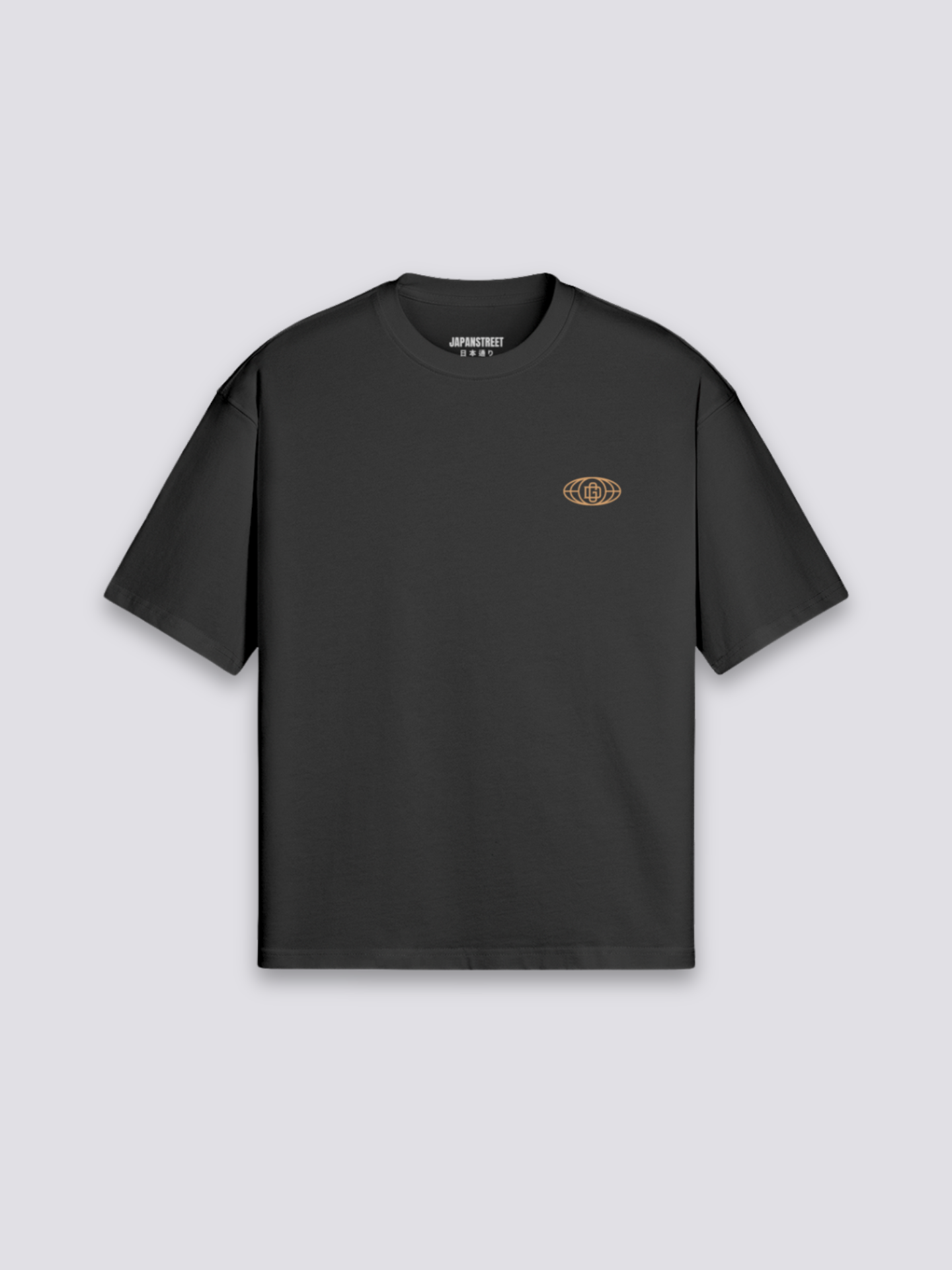japanisches Drachen-T-Shirt mit goldenem Ryu, mythologischer Druck, oversize Baumwolle, Nahaufnahme des Drucks