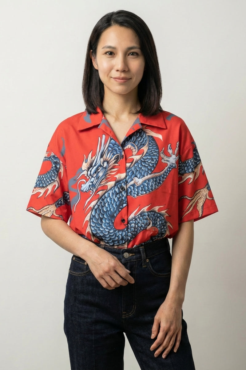 Japanisches Drachenhemd 'Ryu-jin' – Damen Kimono-Jacke japanischer Haori mit Drachen Ryu-Jin-Motiv, Vorderansicht