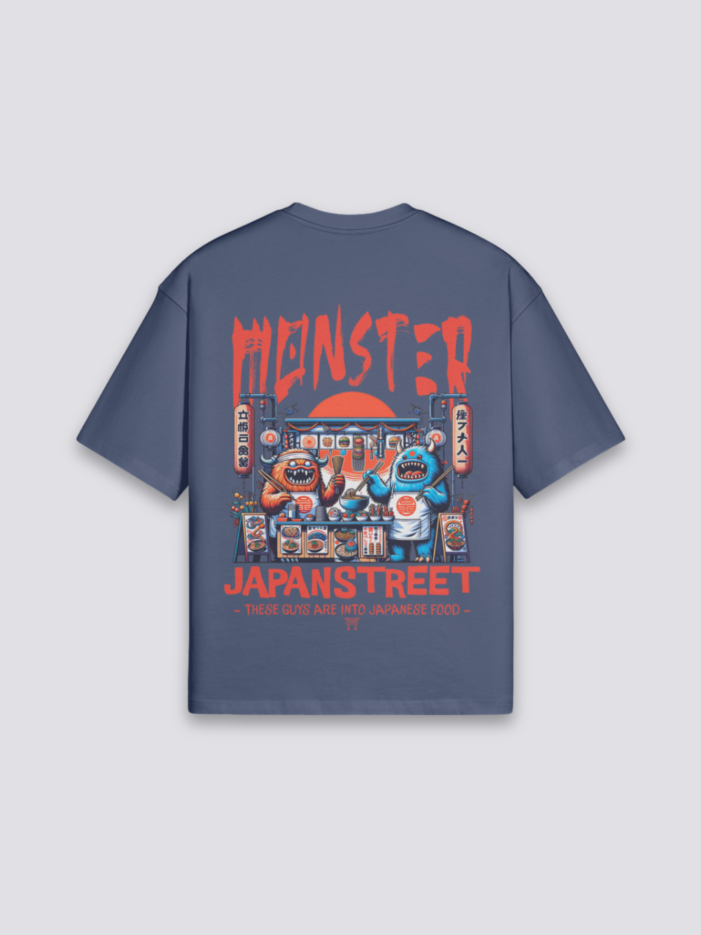 japanisches Food-Truck-T-Shirt mit Yatai-Monster und roter Sonne, Street-Food-Druck, oversize, seitliche Ansicht
