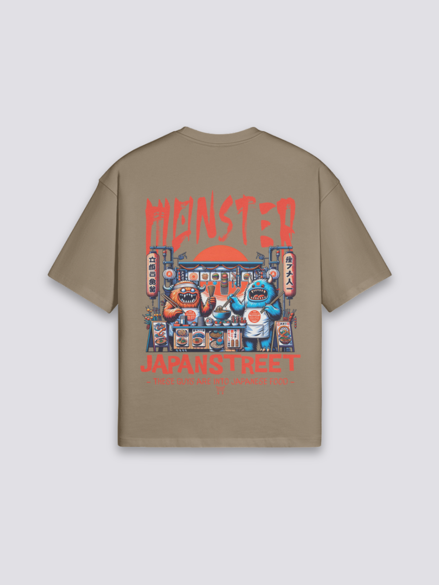 japanisches Food-Truck-T-Shirt mit Yatai-Monster und roter Sonne, Street-Food-Druck, oversize, Nahaufnahme des Drucks