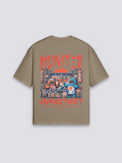 japanisches Food-Truck-T-Shirt mit Yatai-Monster und roter Sonne, Street-Food-Druck, oversize, Nahaufnahme des Drucks