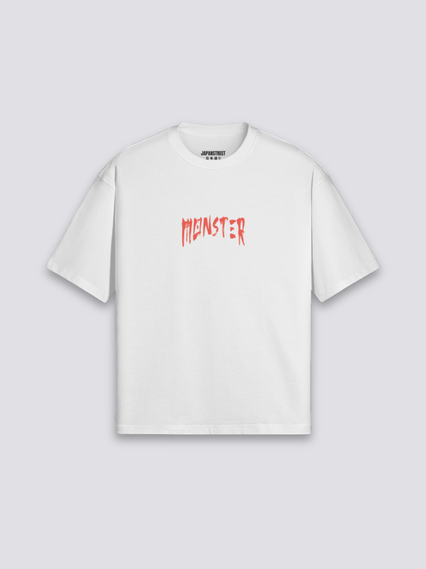 japanisches Food-Truck-T-Shirt mit Yatai-Monster und roter Sonne, Street-Food-Druck, oversize, Gesamtansicht getragen