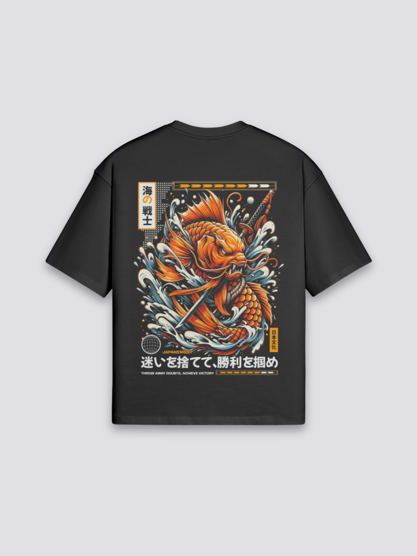 japanisches Grafik-T-Shirt mit kämpfendem Koi in der Welle, dynamischer Druck, oversize Baumwolle, Rückenansicht mit Rückendruck