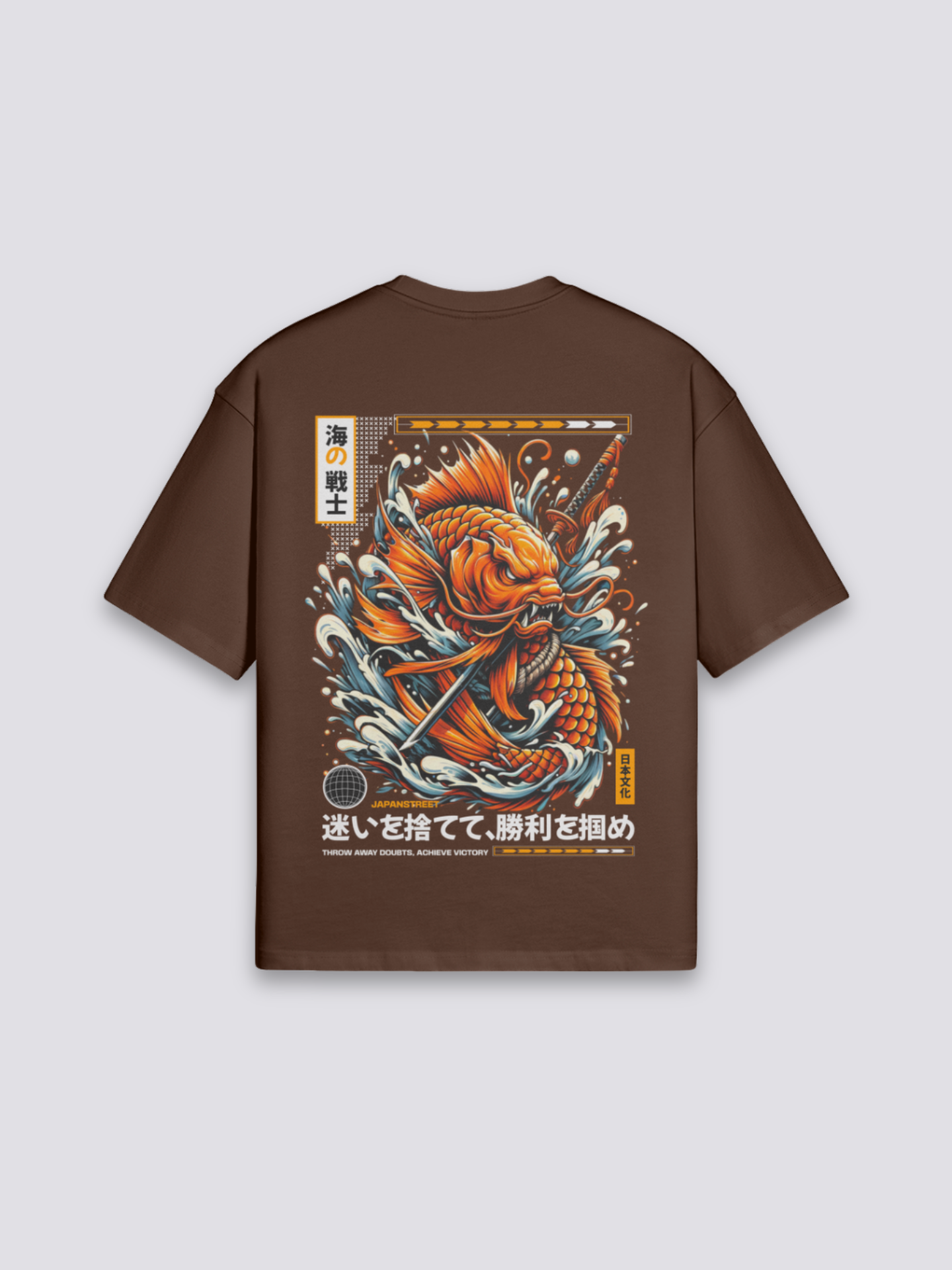 japanisches Grafik-T-Shirt mit kämpfendem Koi in der Welle, dynamischer Druck, oversize Baumwolle, Detailansicht des Motivs
