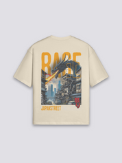 japanisches Herren-T-Shirt mit wütendem Drachen über der Stadt, Action-Druck, oversize Baumwolle, Nahaufnahme des Drucks