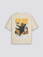 japanisches Kanji T-Shirt mit Kaijū aus Wolken und Schriftzug, kraftvoller Druck, oversize, Nahaufnahme des Drucks