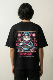 japanisches Katzen-T-Shirt mit Koch-Katze und Ramen-Schale, nächtlicher Neko-Druck, oversize, Vorderansicht