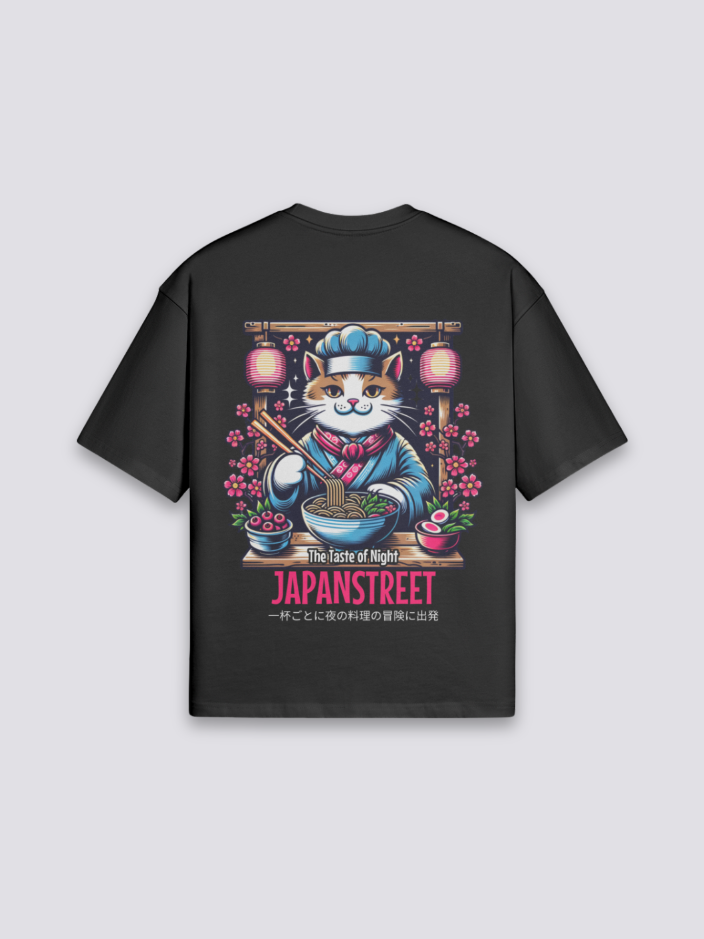 japanisches Katzen-T-Shirt mit Koch-Katze und Ramen-Schale, nächtlicher Neko-Druck, oversize, Rückenansicht mit Rückendruck