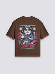 japanisches Katzen-T-Shirt mit Koch-Katze und Ramen-Schale, nächtlicher Neko-Druck, oversize, Detailansicht des Motivs