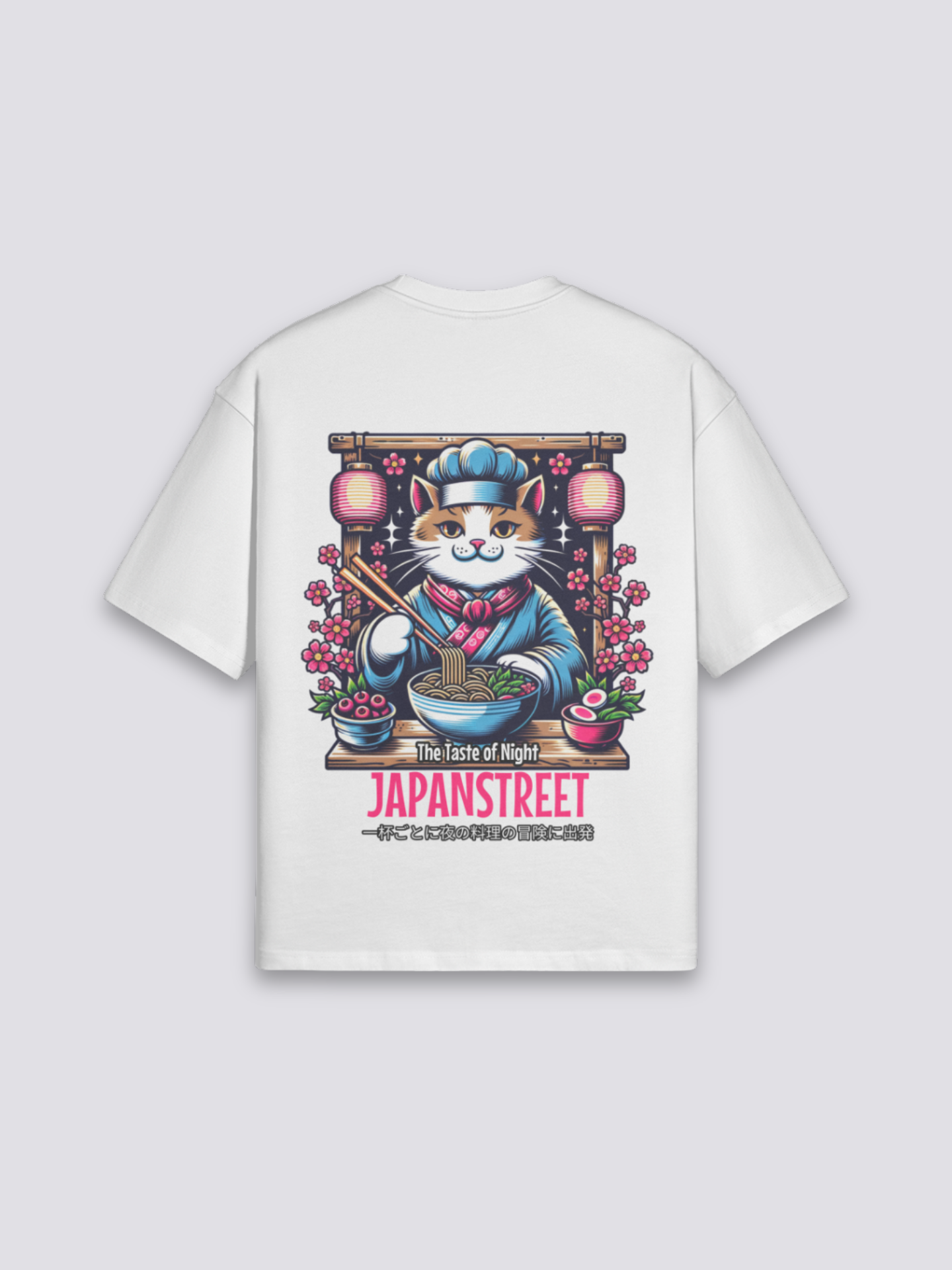 japanisches Katzen-T-Shirt mit Koch-Katze und Ramen-Schale, nächtlicher Neko-Druck, oversize, seitliche Ansicht