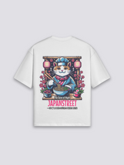 japanisches Katzen-T-Shirt mit Koch-Katze und Ramen-Schale, nächtlicher Neko-Druck, oversize, seitliche Ansicht