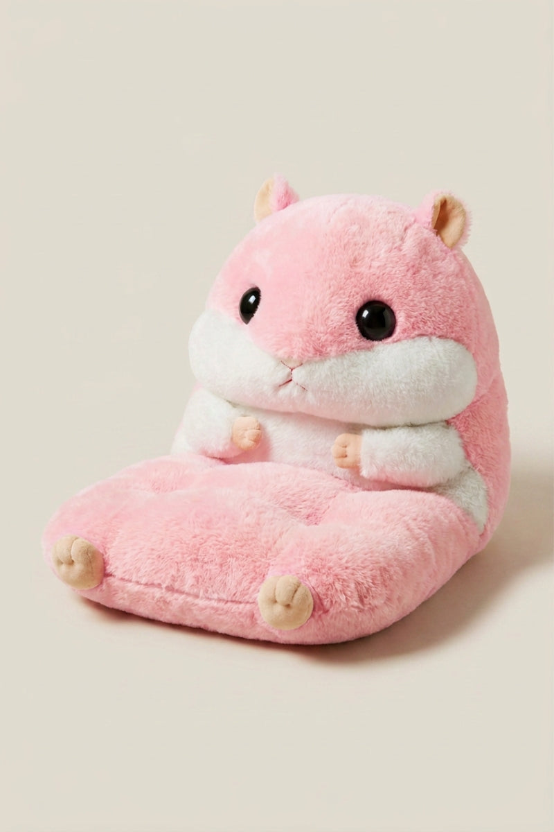 Japanisches Kissen 'Hamusuta' blassrosa Fell mit weißem Bauch — Plüsch-Bodensessel für Kinder in Hamsterform, Rückenlehne als Kopf und Sitz als Pfoten