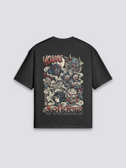 japanisches Kunst-T-Shirt mit Yokai-Collage, Folklore-Bestiarium-Druck, oversize Baumwolle, Rückenansicht mit Rückendruck