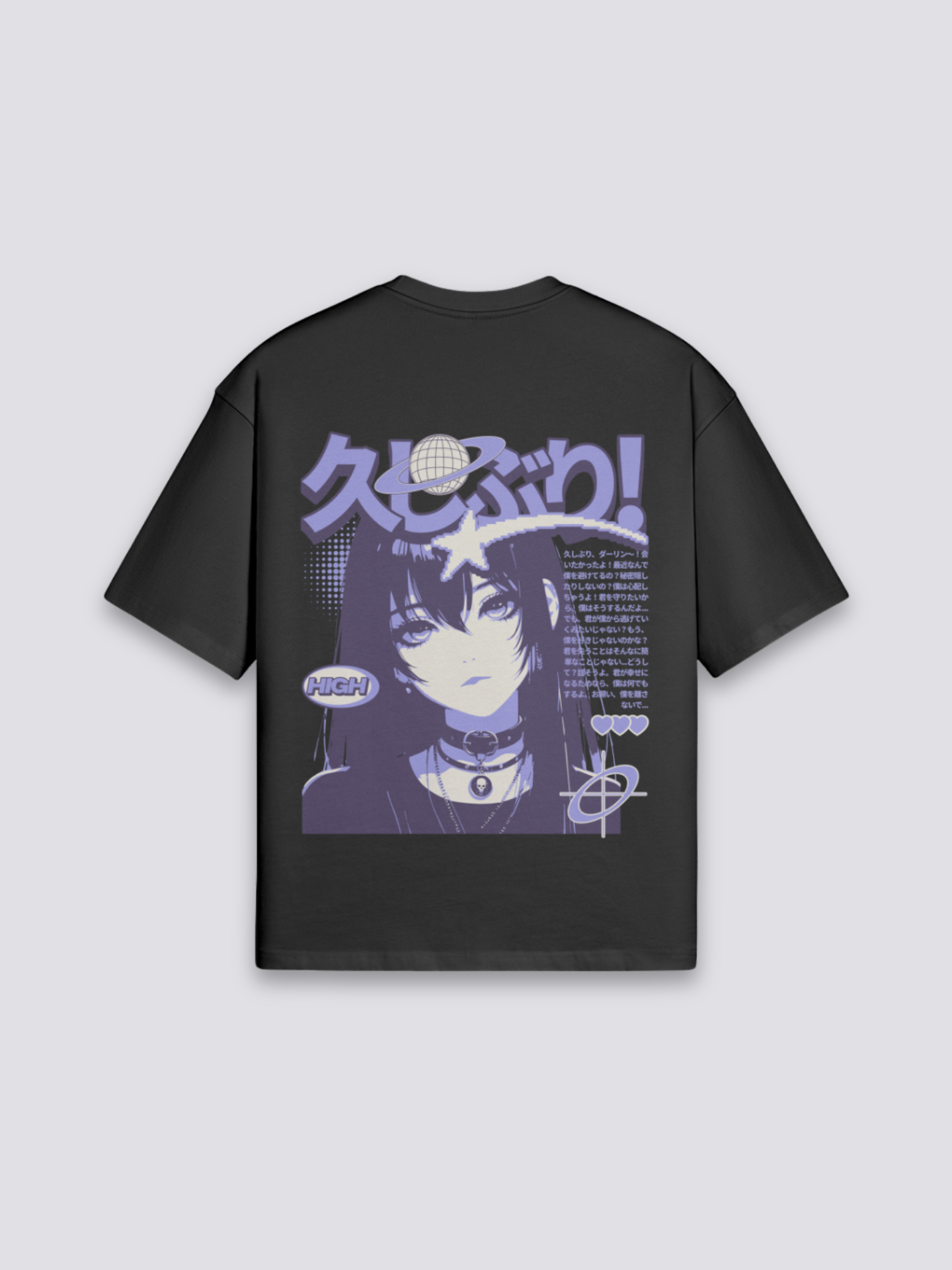 japanisches Manga-T-Shirt mit Shōjo-Porträt, emotionaler Manga-Druck, oversize Baumwolle Damen, seitliche Ansicht