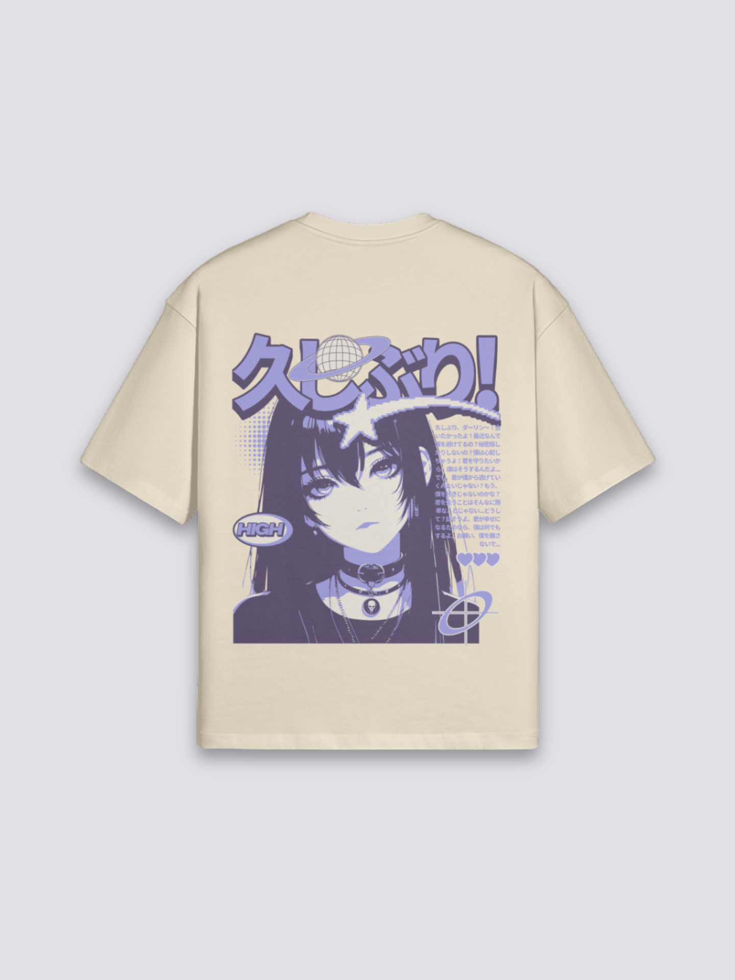 japanisches Manga-T-Shirt mit Shōjo-Porträt, emotionaler Manga-Druck, oversize Baumwolle Damen, Nahaufnahme des Drucks