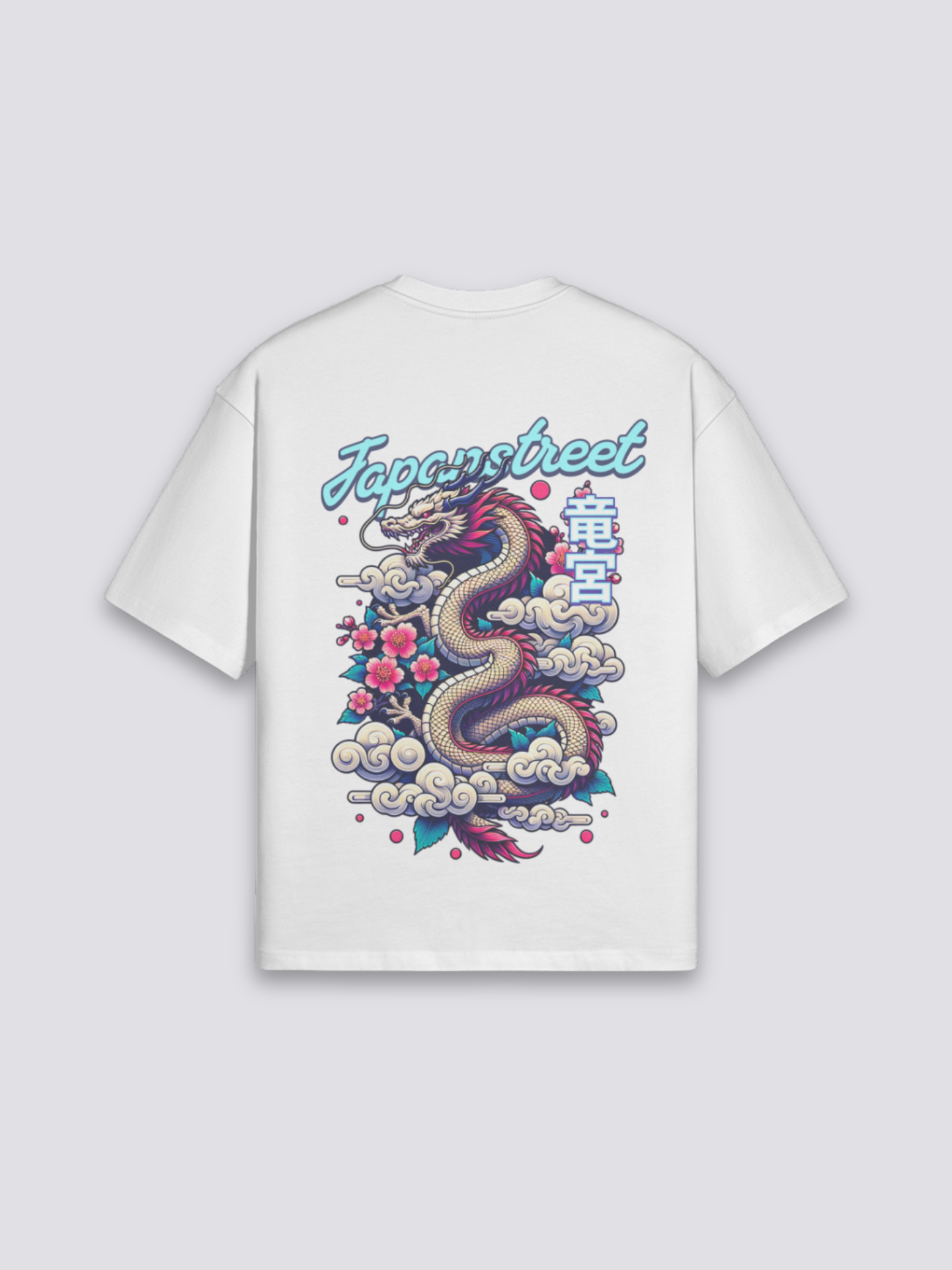japanisches T-Shirt mit Ryūjin-Meeresdrachen in Wolken, mythologischer Druck, oversize Baumwolle, Rückenansicht mit Rückendruck
