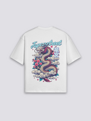 japanisches T-Shirt mit Ryūjin-Meeresdrachen in Wolken, mythologischer Druck, oversize Baumwolle, Rückenansicht mit Rückendruck