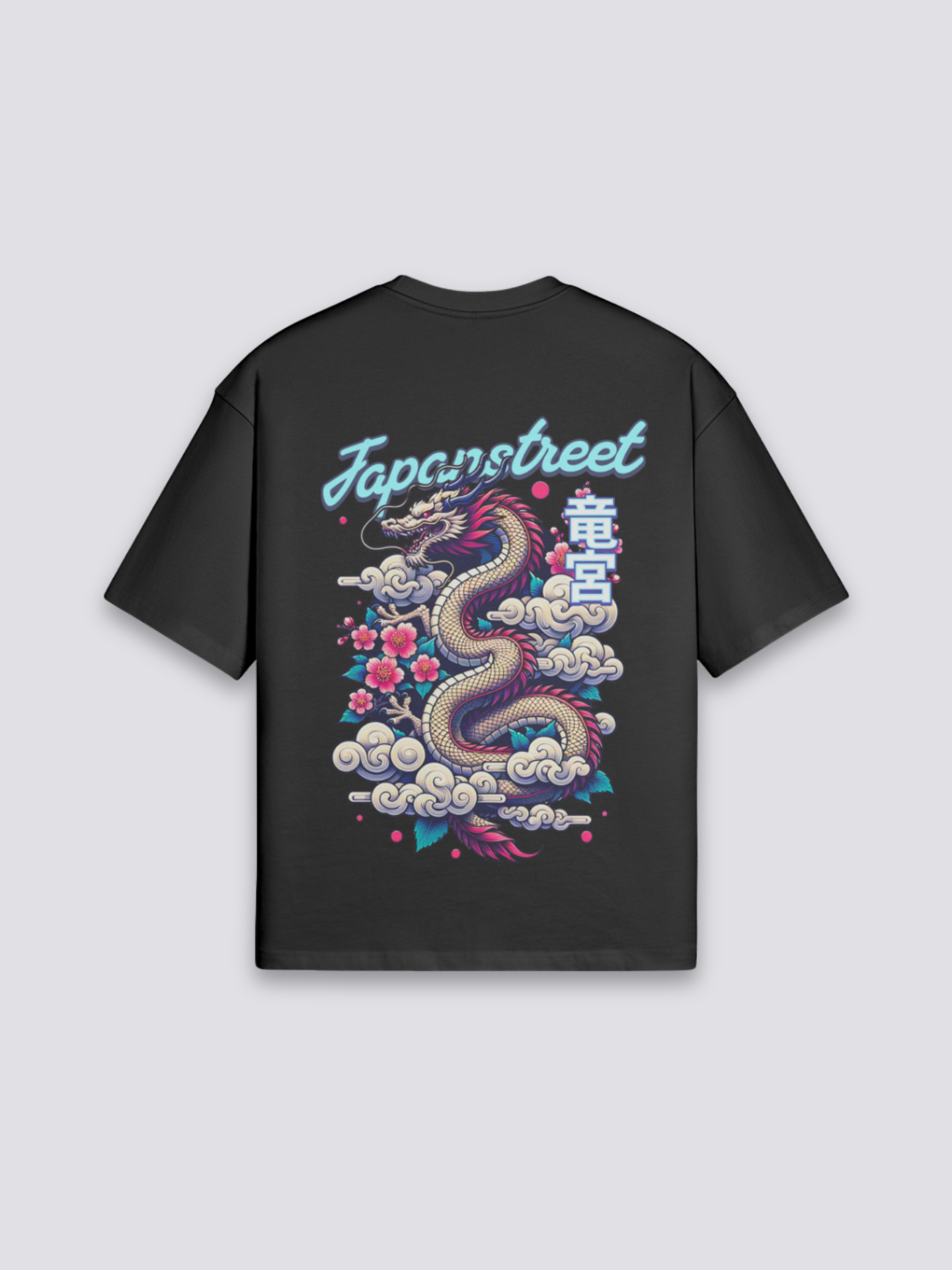 japanisches T-Shirt mit Ryūjin-Meeresdrachen in Wolken, mythologischer Druck, oversize Baumwolle, Detailansicht des Motivs