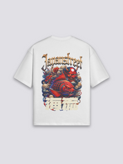 japanisches Oversize-T-Shirt mit Oni Koi und Welle, Harajuku-Streetwear-Druck, fallende Schultern, Detailansicht des Motivs