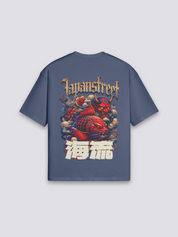 japanisches Oversize-T-Shirt mit Oni Koi und Welle, Harajuku-Streetwear-Druck, fallende Schultern, seitliche Ansicht