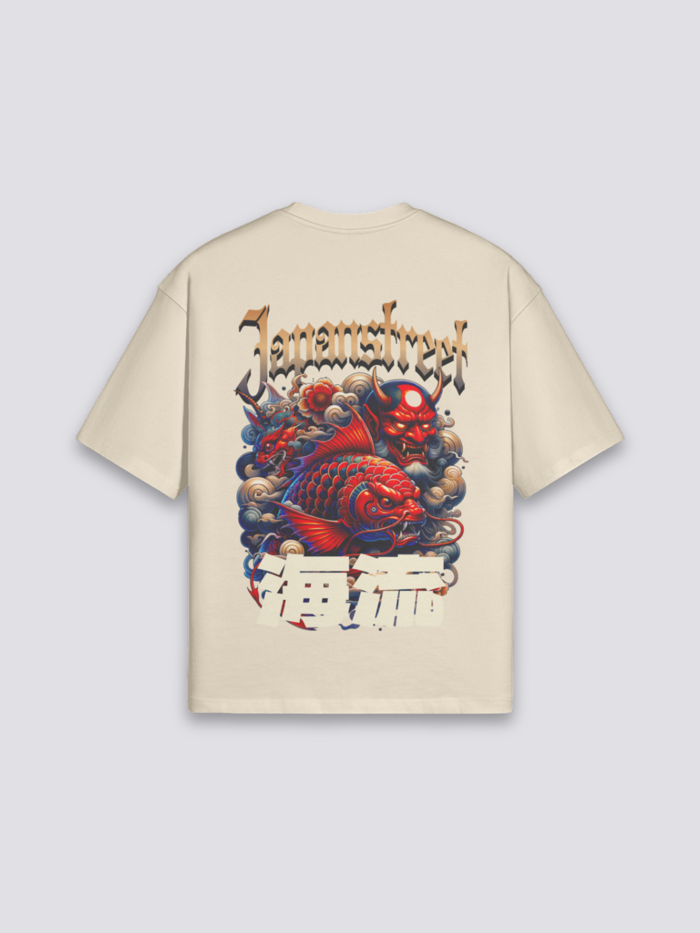 japanisches Oversize-T-Shirt mit Oni Koi und Welle, Harajuku-Streetwear-Druck, fallende Schultern, Nahaufnahme des Drucks