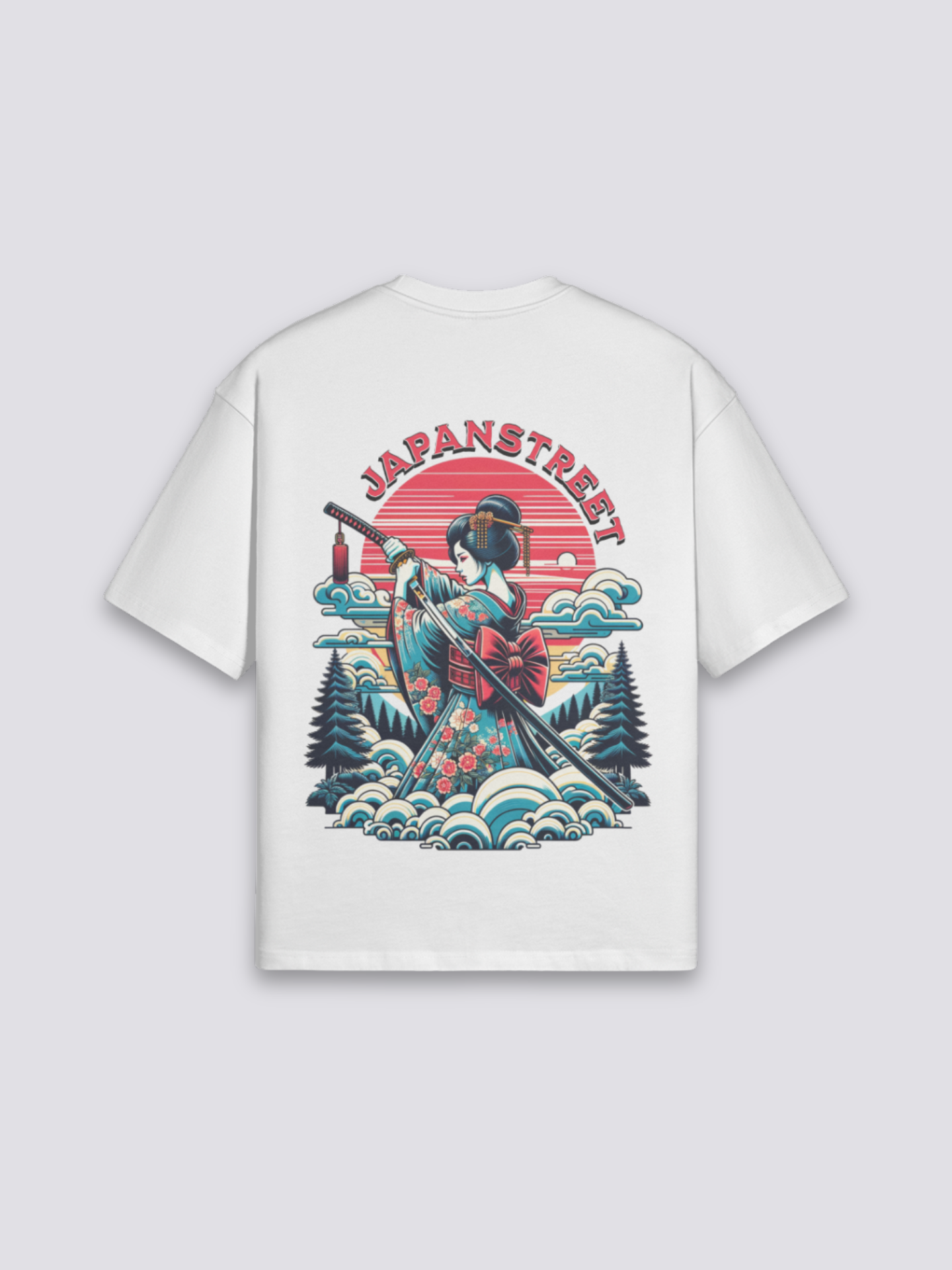 japanisches T-Shirt mit Geisha und Samurai am Schwert, traditioneller Druck, oversize Baumwolle, Rückenansicht mit Rückendruck