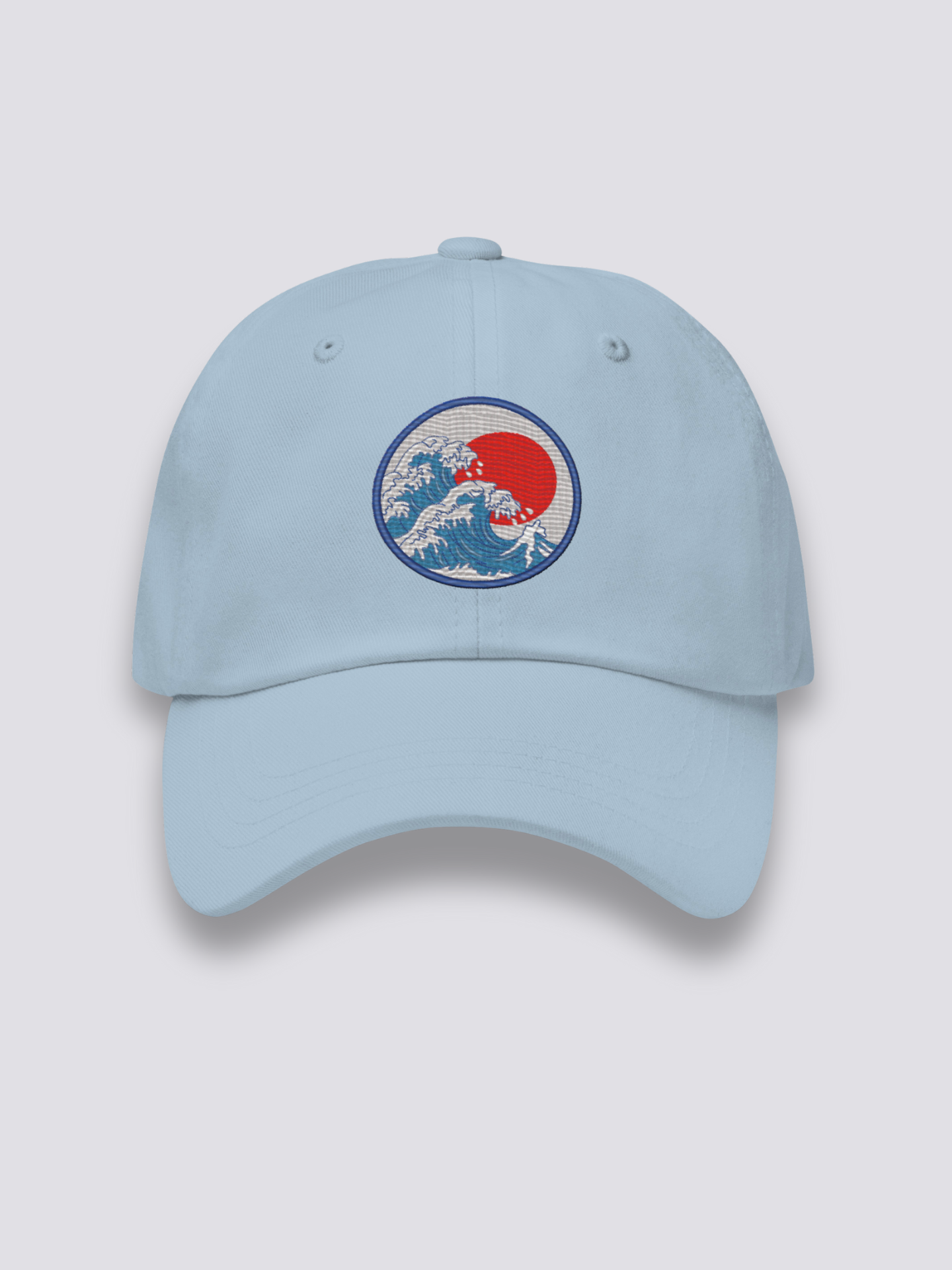 Kanagawa Wave Cap – japanische Cap, gestickte Hokusai-Welle mit roter Sonne, Detailaufnahme der Stickerei