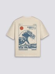 Kanagawa-Wave-T-Shirt mit Hokusai-Welle in Tiefblau, japanischer Holzschnitt-Druck, oversize, Rückenansicht mit Rückendruck