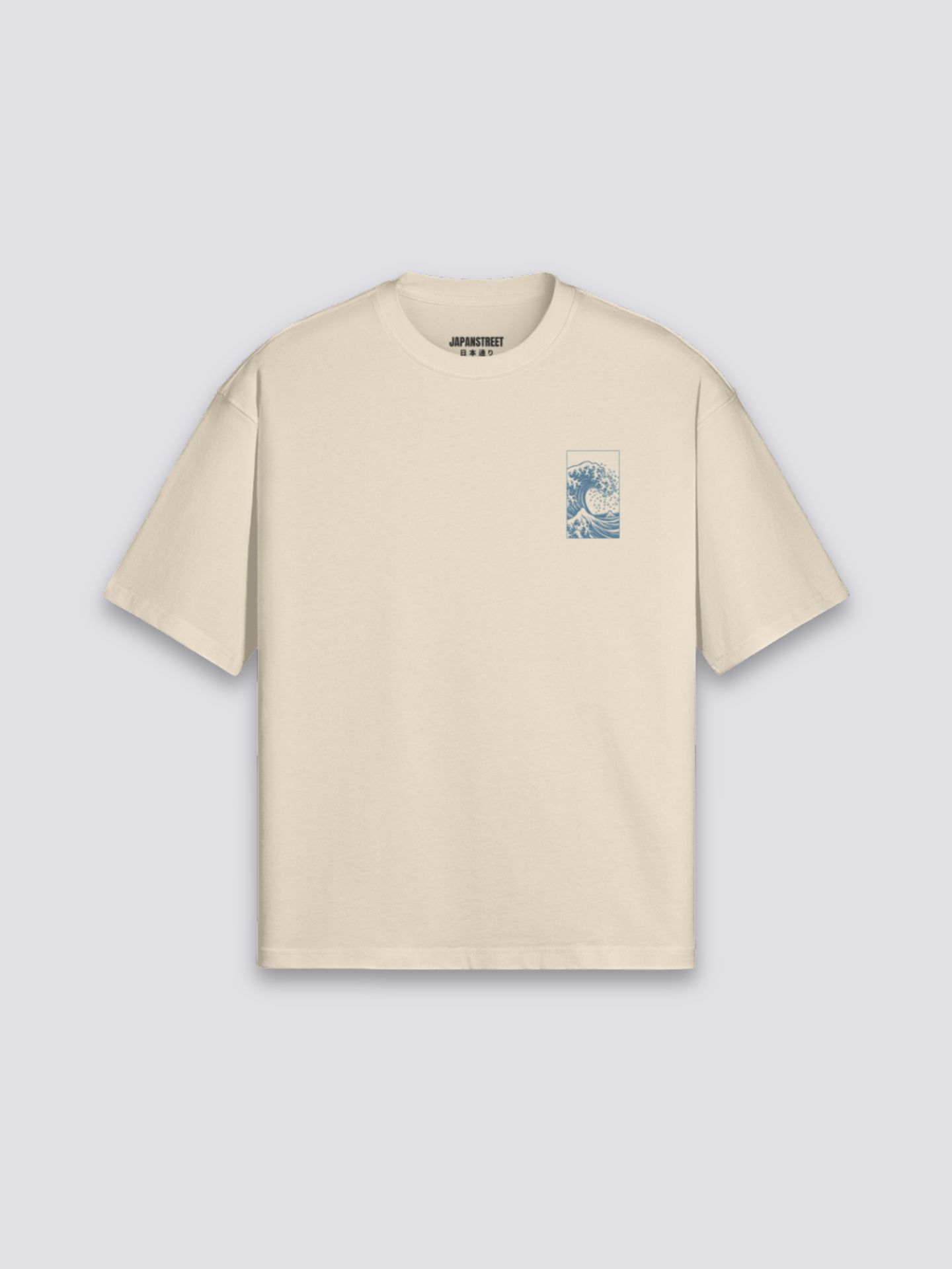Kanagawa-Wave-T-Shirt mit Hokusai-Welle in Tiefblau, japanischer Holzschnitt-Druck, oversize, seitliche Ansicht