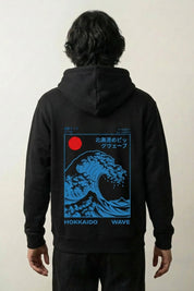 Kanagawa-Wellen-Hoodie mit große Welle und rote Sonne, Rückenansicht des oversize Streetwear-Hoodies