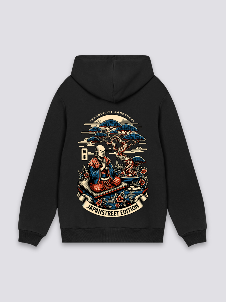Kapuzenpulli mit japanischem Aufdruck in Schwarz, oversize Kapuzenpullover mit Mönch und Bonsai