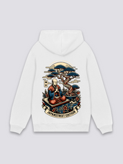Kapuzenpulli mit japanischem Aufdruck in Weiß, japanischer Streetwear-Hoodie mit Mönch und Bonsai